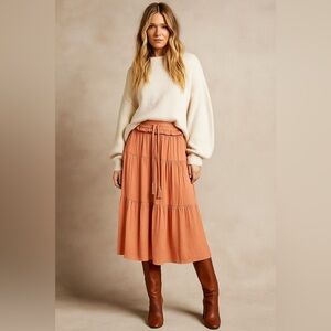 Rachel Zoe Tiered Matte Satin Midi Skirt Boho Tangerine Orange sz XS